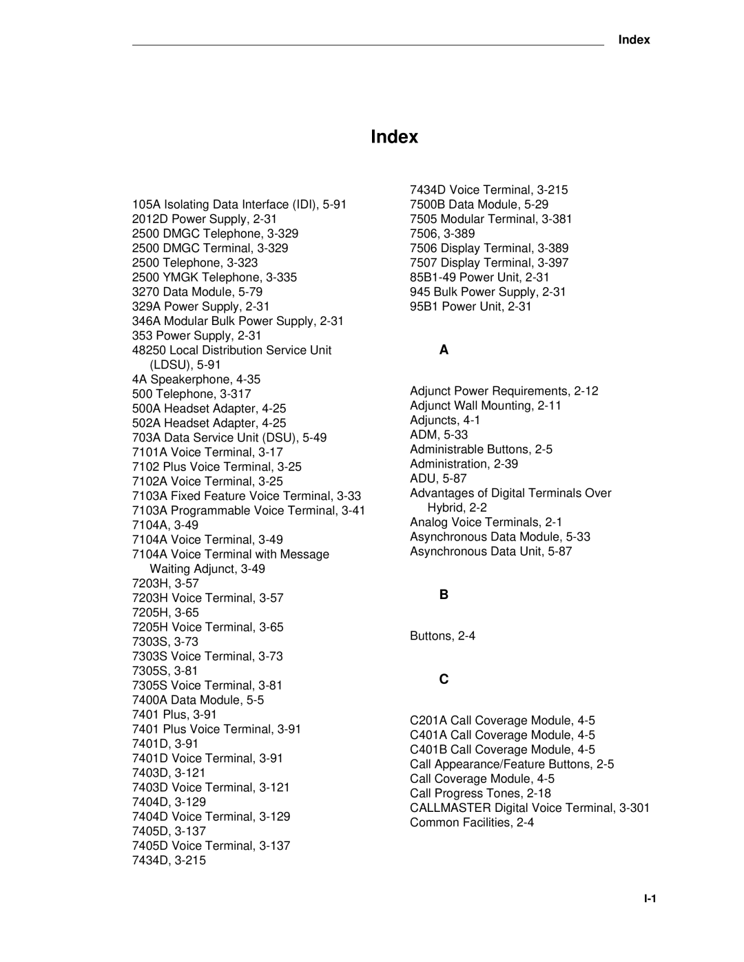 AT&T System 85 manual Index 