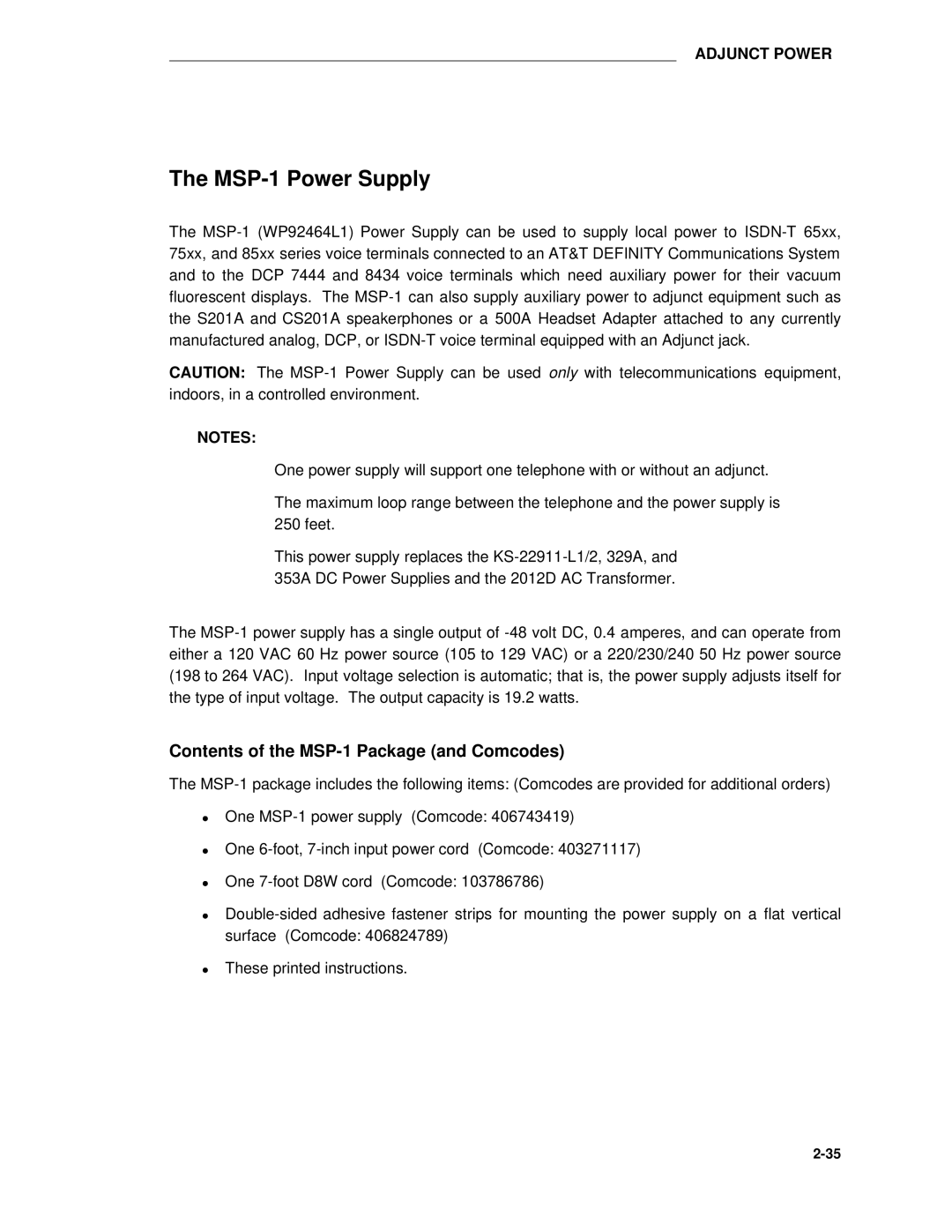 AT&T System 85 manual MSP-1 Power Supply, Contents of the MSP-1 Package and Comcodes 