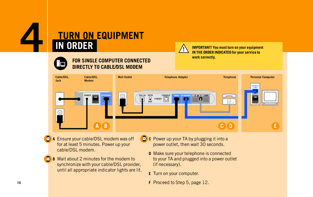 AT&T Telephone Adapter manual Turn on Equipment in Order 