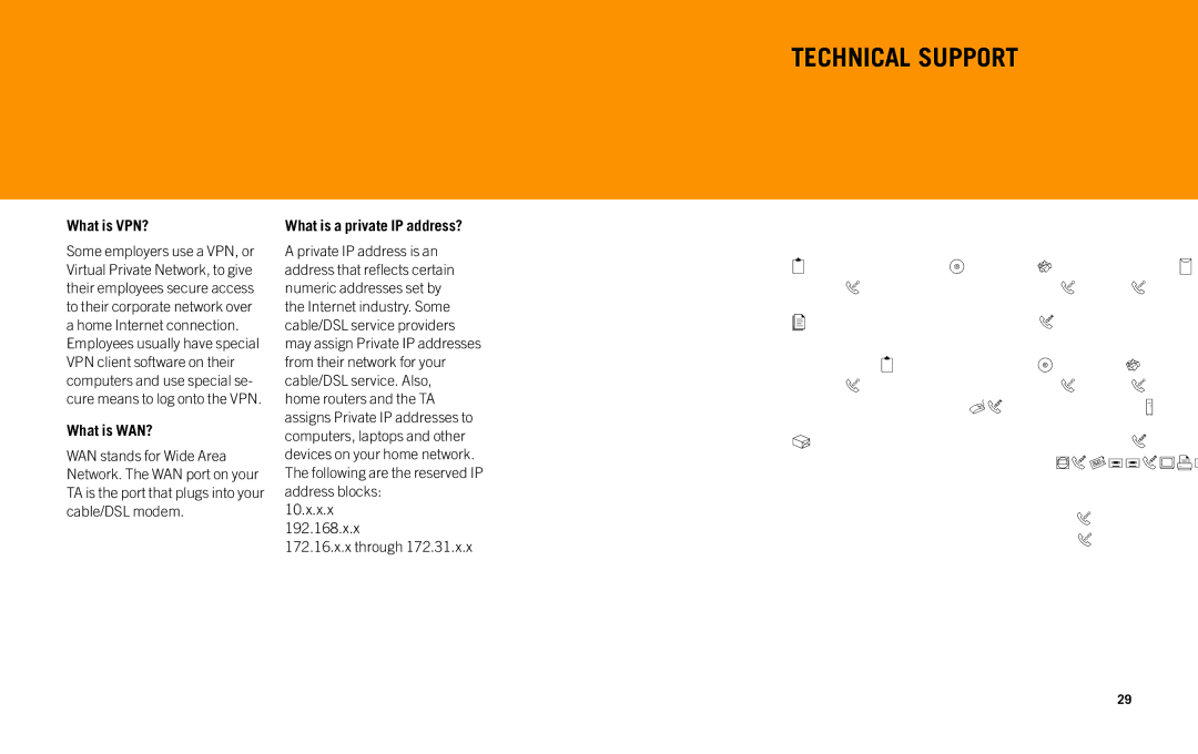 AT&T Telephone Adapter manual Technical Support, What is VPN?, What is WAN?, What is a private IP address? 