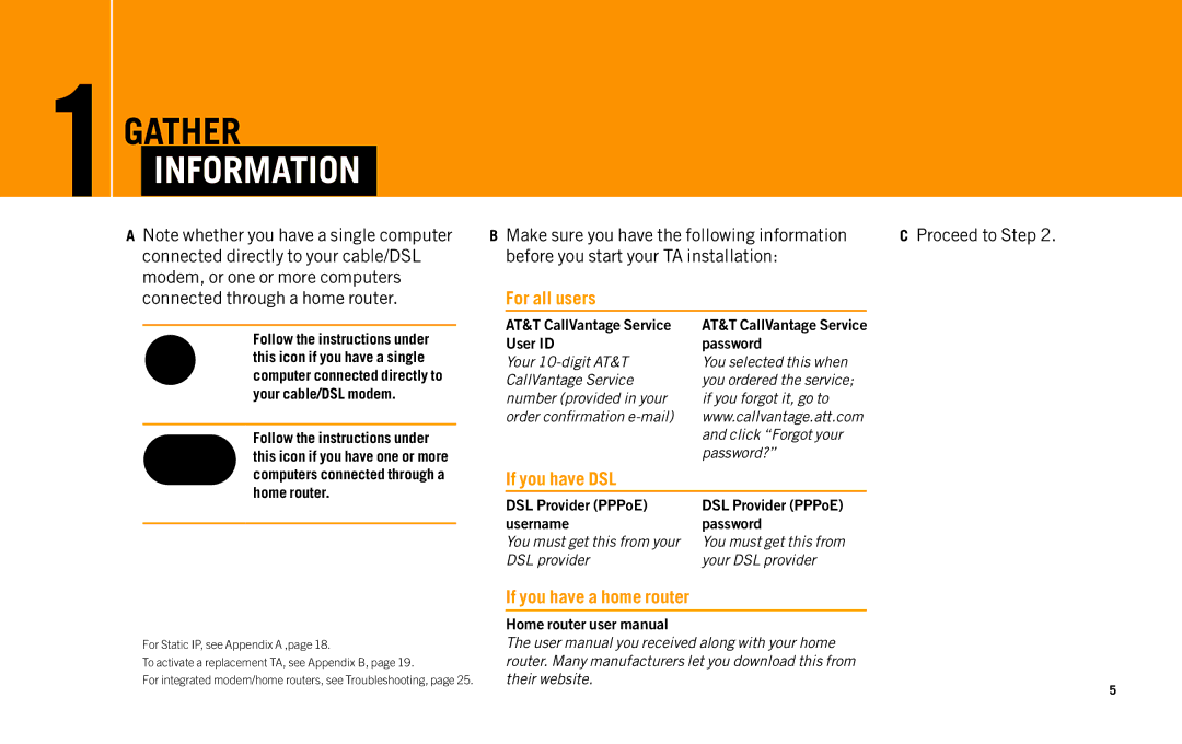 AT&T Telephone Adapter manual Gather Information, AT&T CallVantage Service User ID 