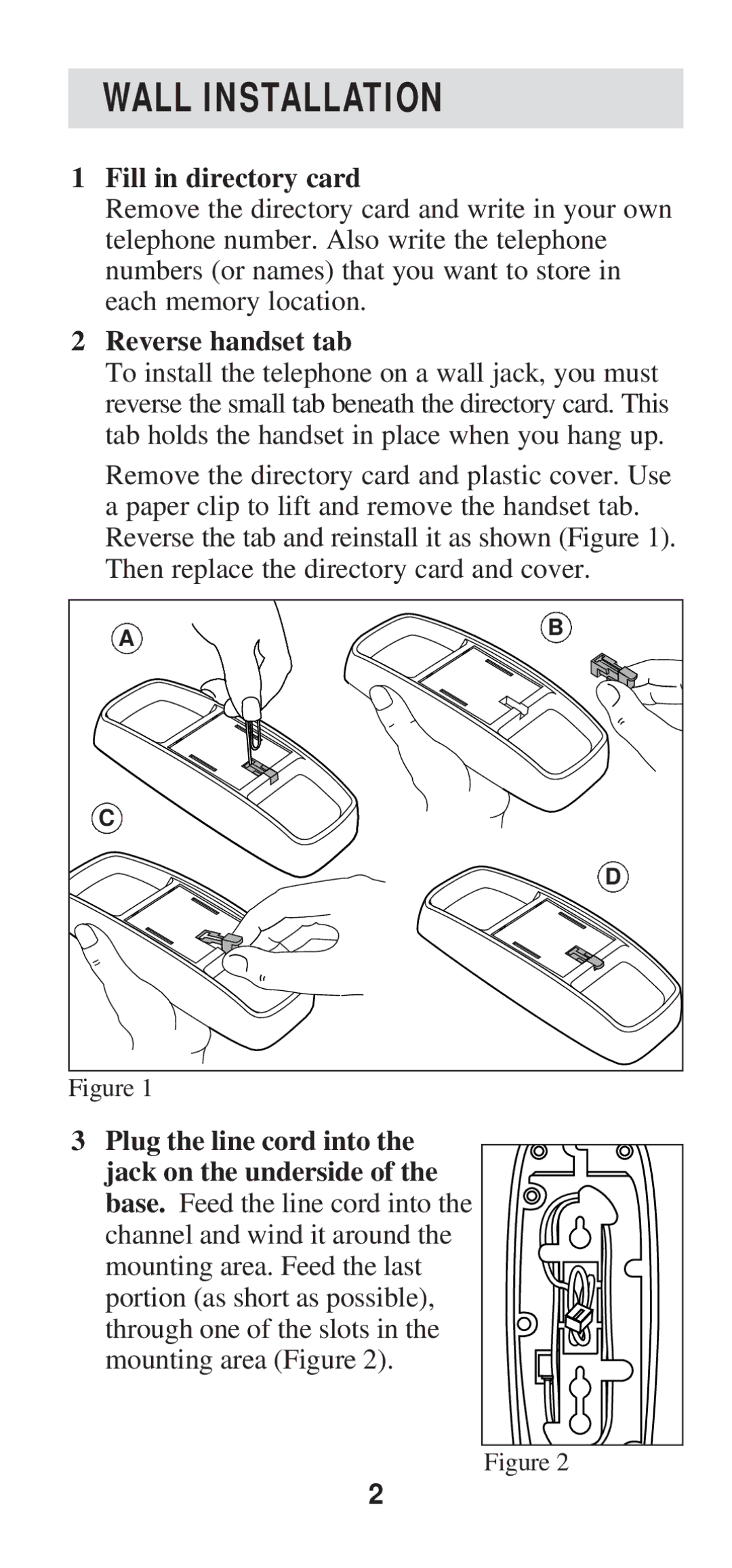 AT&T TL-210 WH user manual Wall Installation, Fill in directory card, Reverse handset tab 