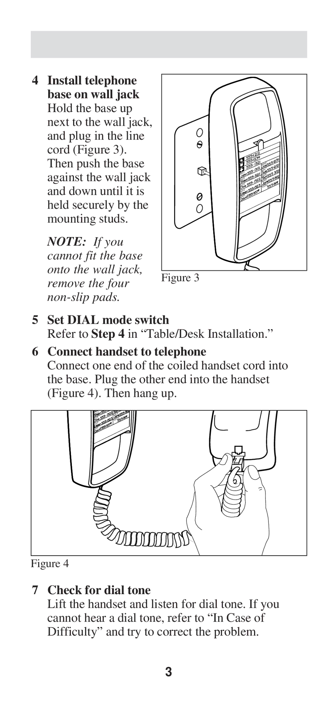 AT&T TL-210 WH user manual Install telephone base on wall jack Hold the base up, Connect handset to telephone 