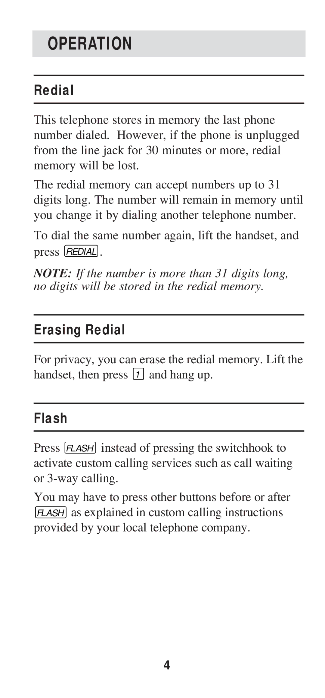 AT&T TL-210 WH user manual Operation, Erasing Redial, Flash 