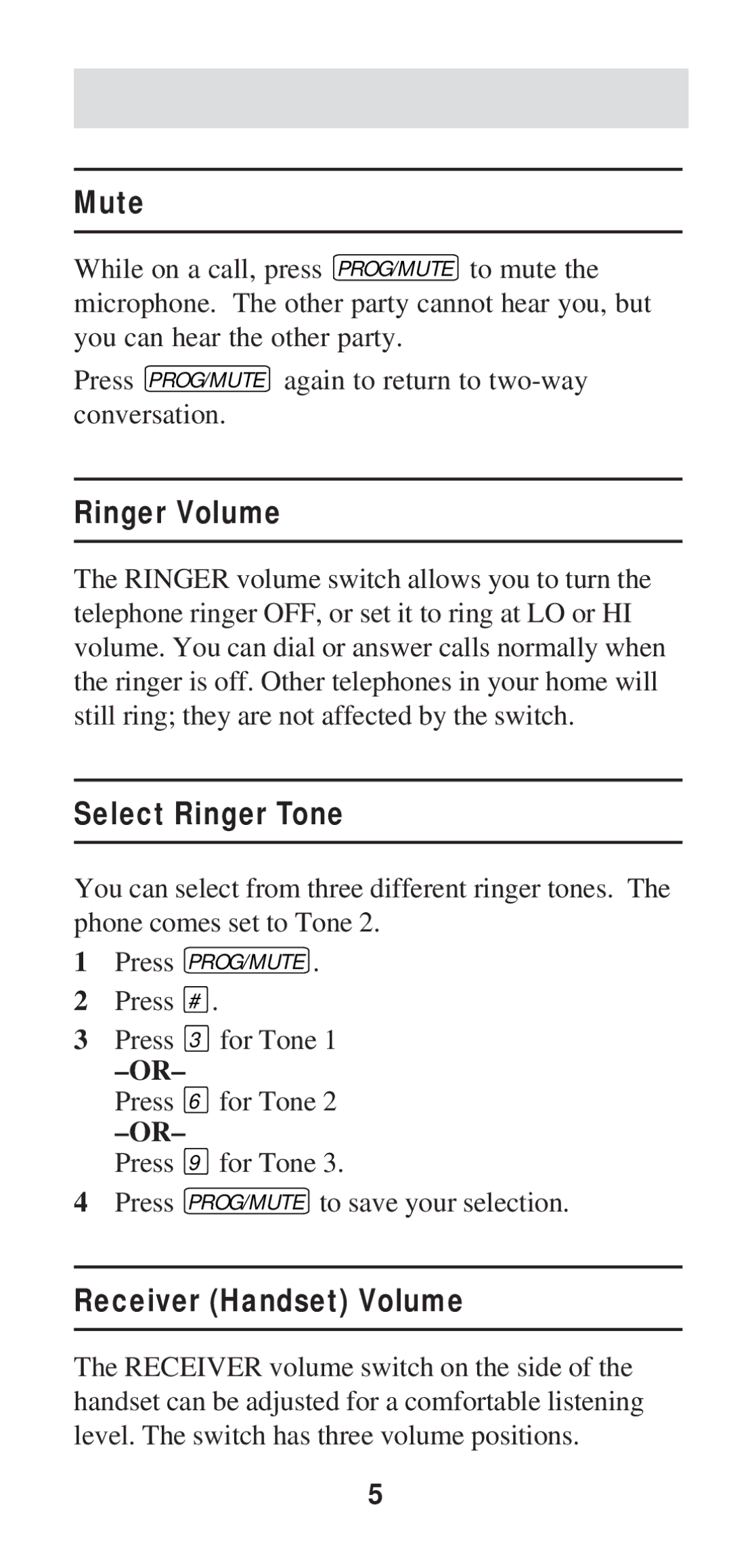 AT&T TL-210 WH user manual Mute, Ringer Volume, Select Ringer Tone, Receiver Handset Volume 