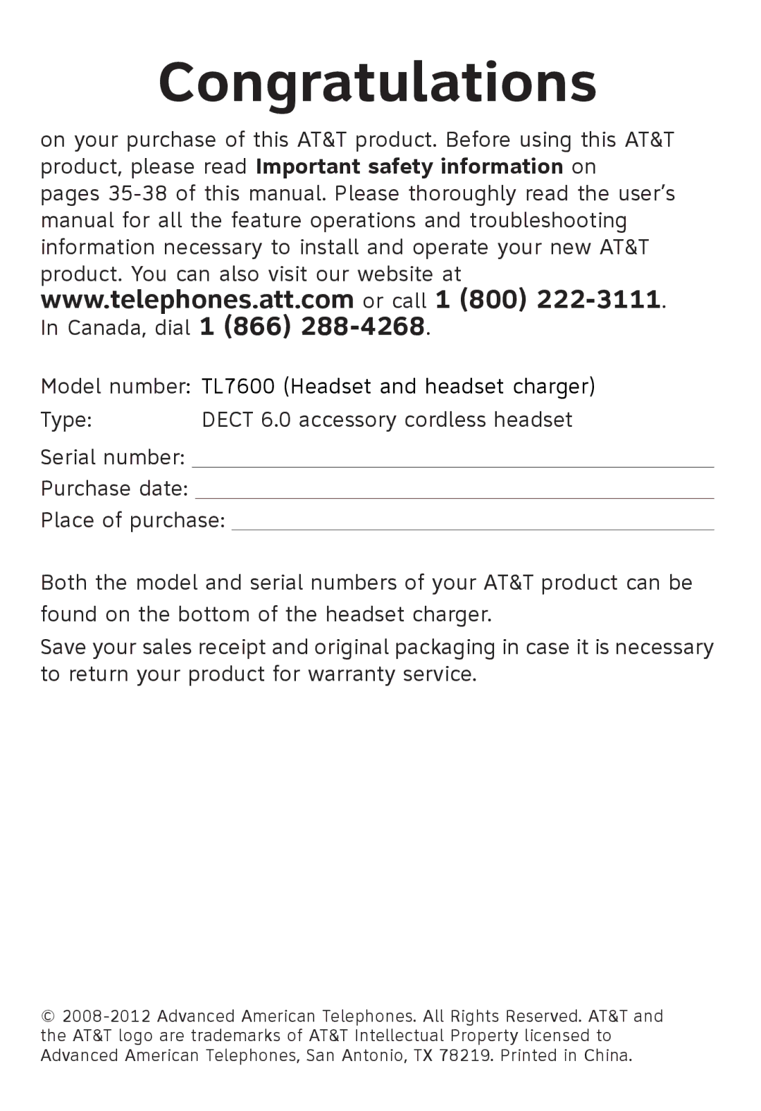 AT&T TL 7600 user manual Congratulations 