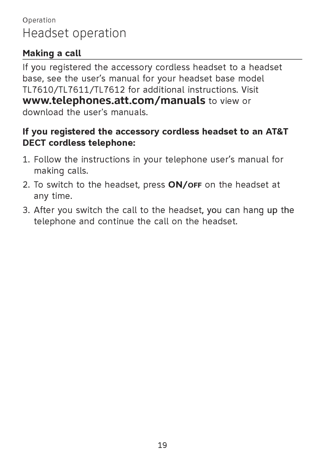 AT&T TL 7600 user manual Headset operation, Making a call 