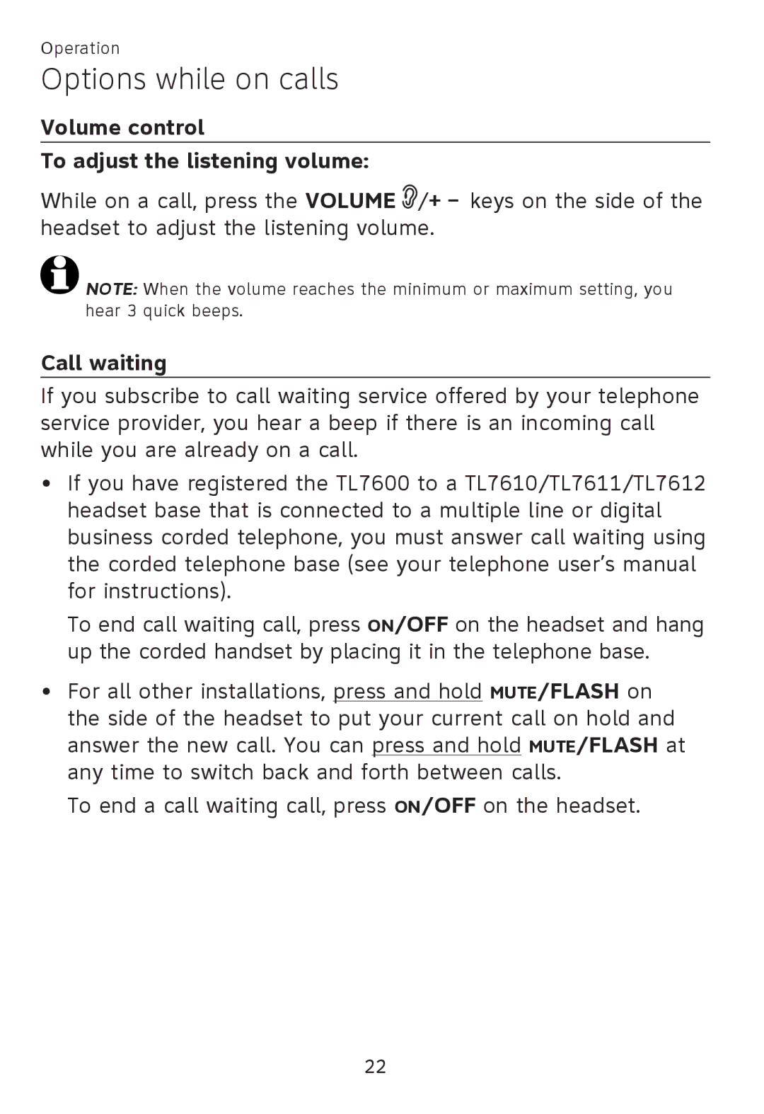 AT&T TL 7600 user manual Options while on calls, Volume control To adjust the listening volume, Call waiting 