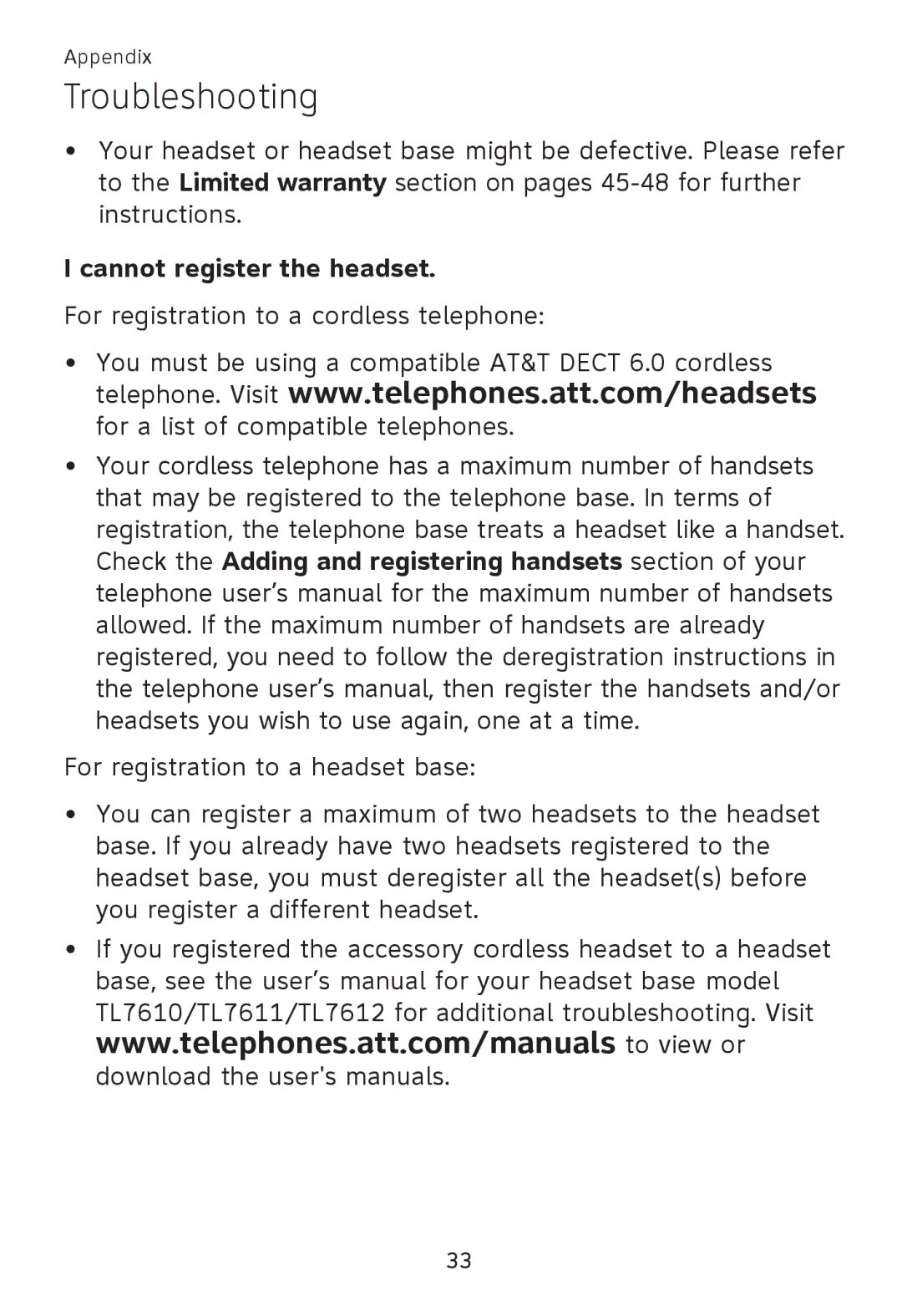 AT&T TL 7600 user manual Cannot register the headset 