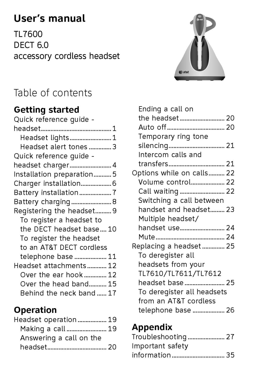 AT&T TL 7600 user manual User’s manual, Table of contents 