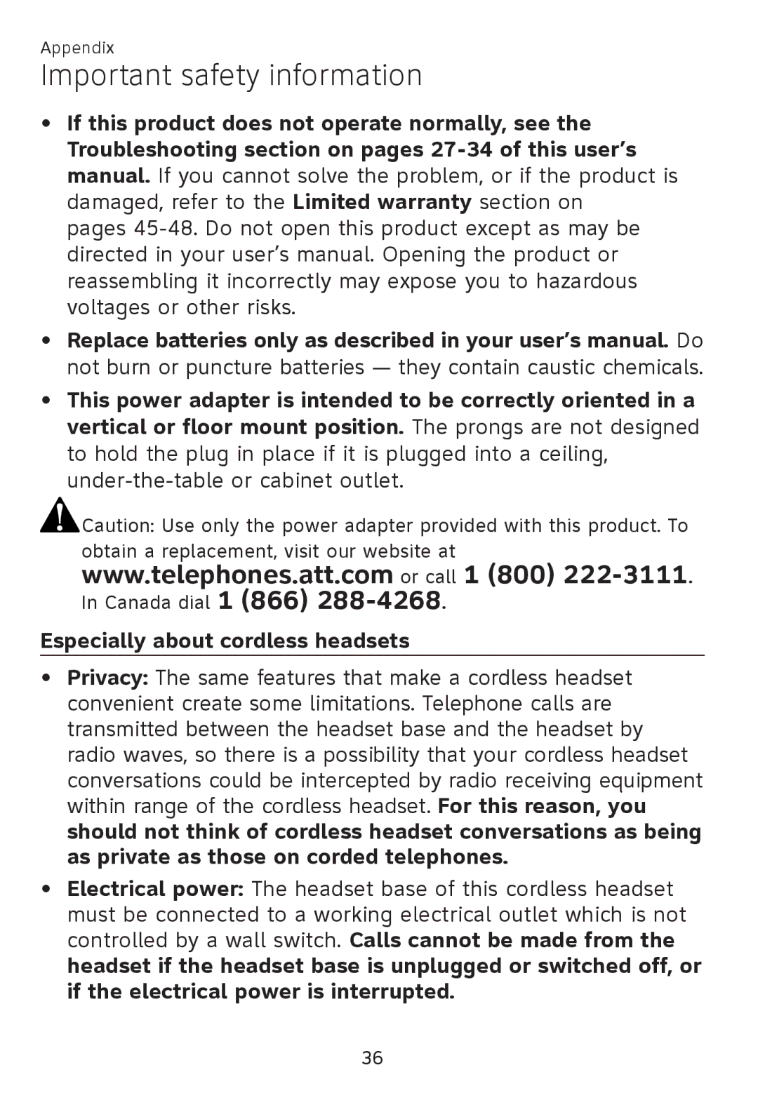 AT&T TL 7600 user manual Important safety information 