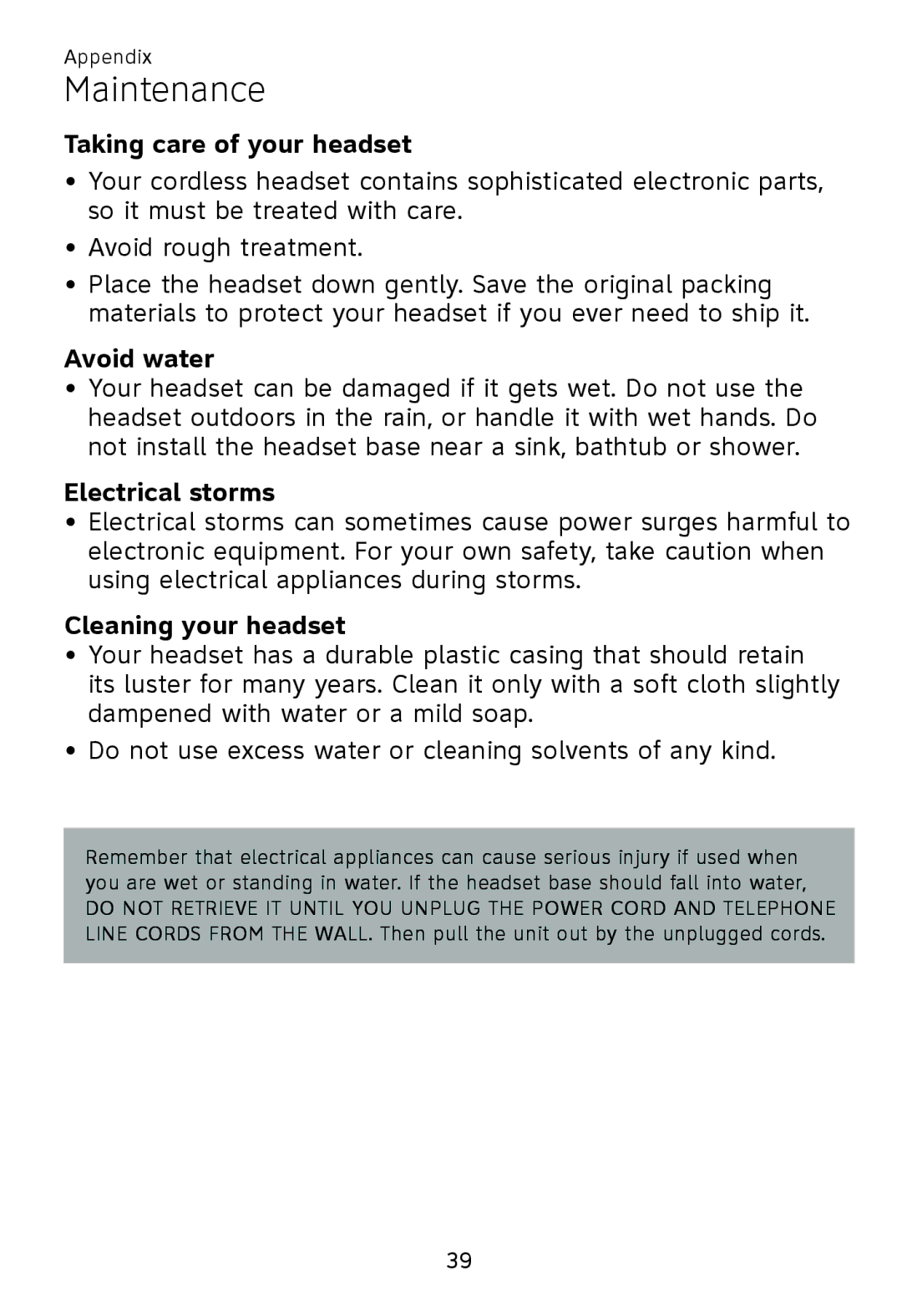 AT&T TL 7600 user manual Maintenance, Taking care of your headset, Avoid water, Electrical storms, Cleaning your headset 