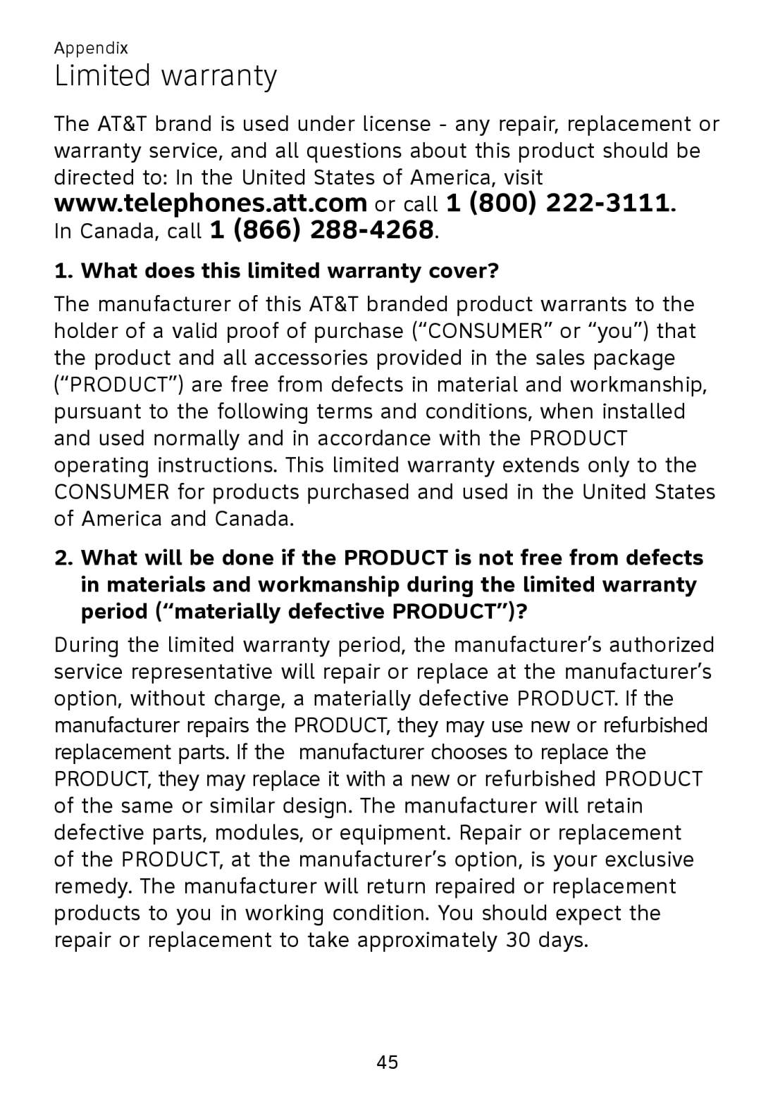 AT&T TL 7600 user manual Limited warranty, What does this limited warranty cover? 