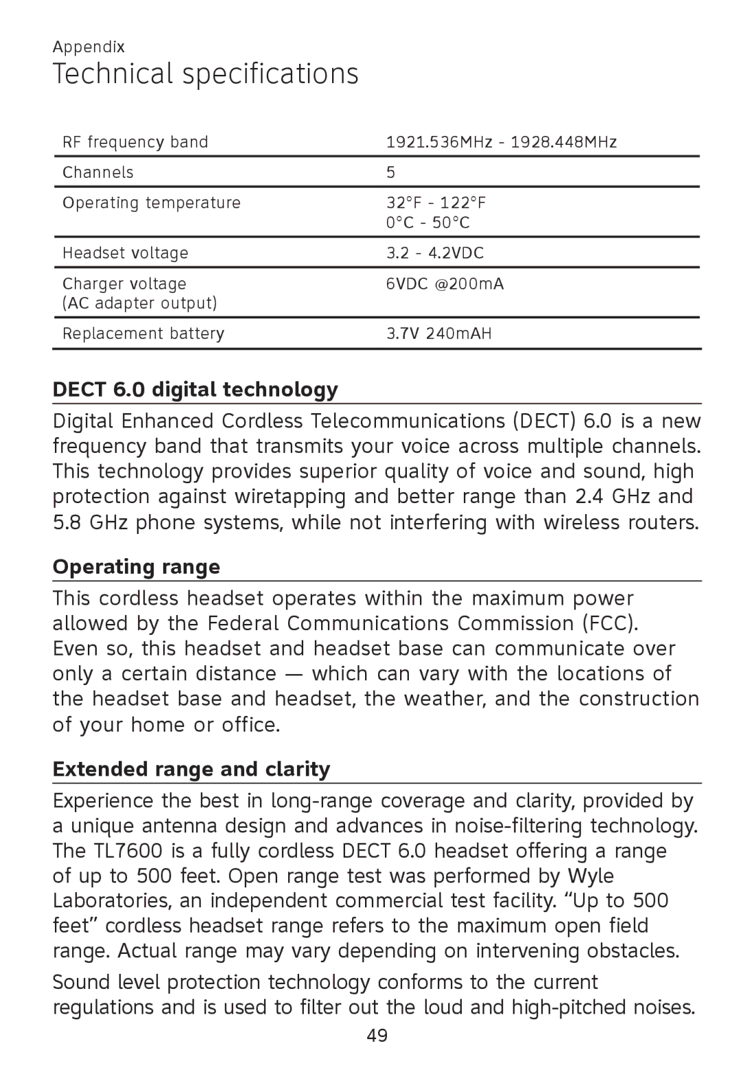 AT&T TL 7600 user manual Technical specifications, Dect 6.0 digital technology, Operating range, Extended range and clarity 