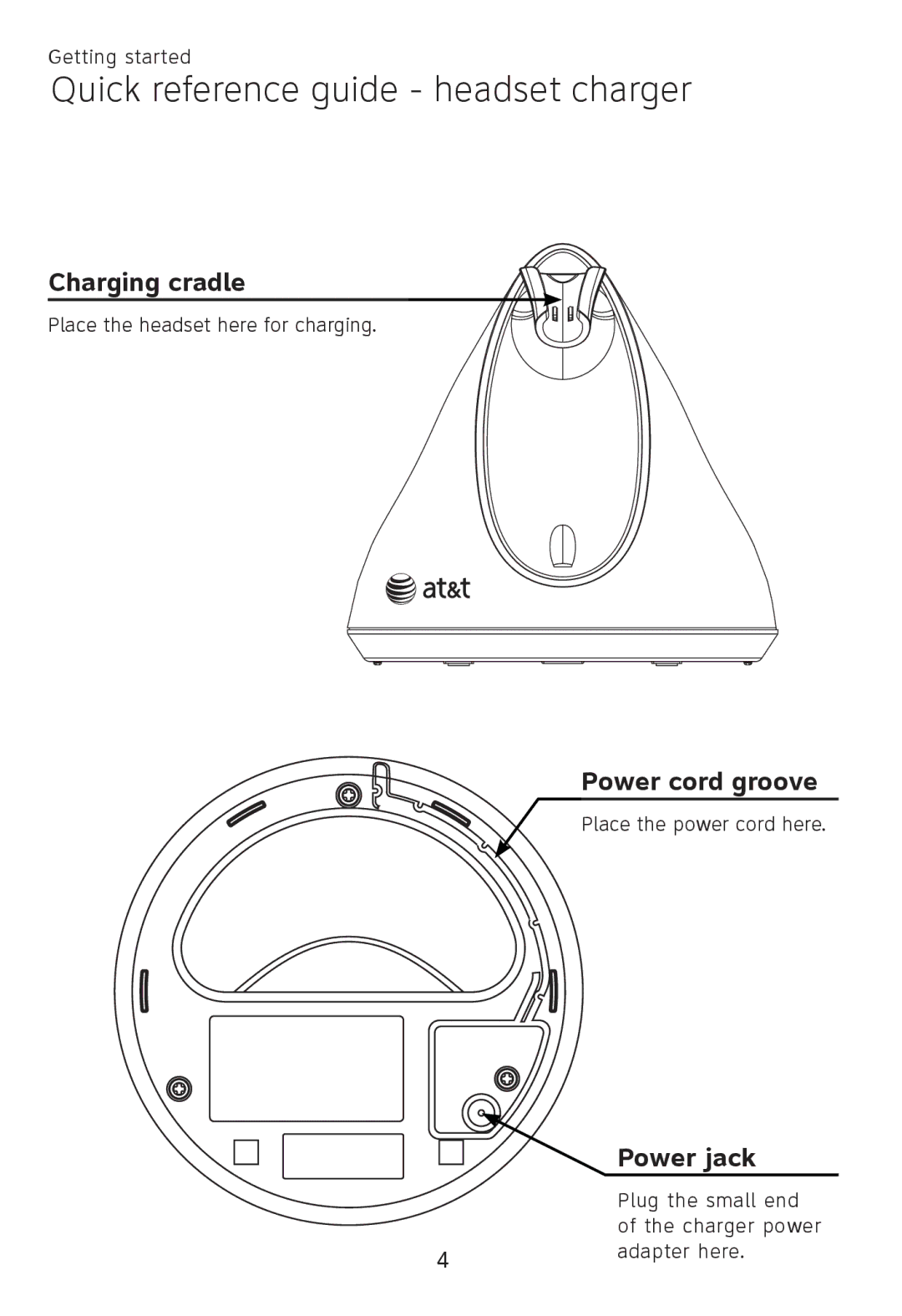 AT&T TL 7600 user manual Quick reference guide headset charger, Charging cradle, Power cord groove, Power jack 