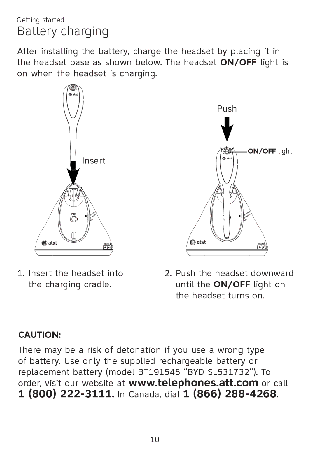 AT&T TL 7610 user manual Battery charging 