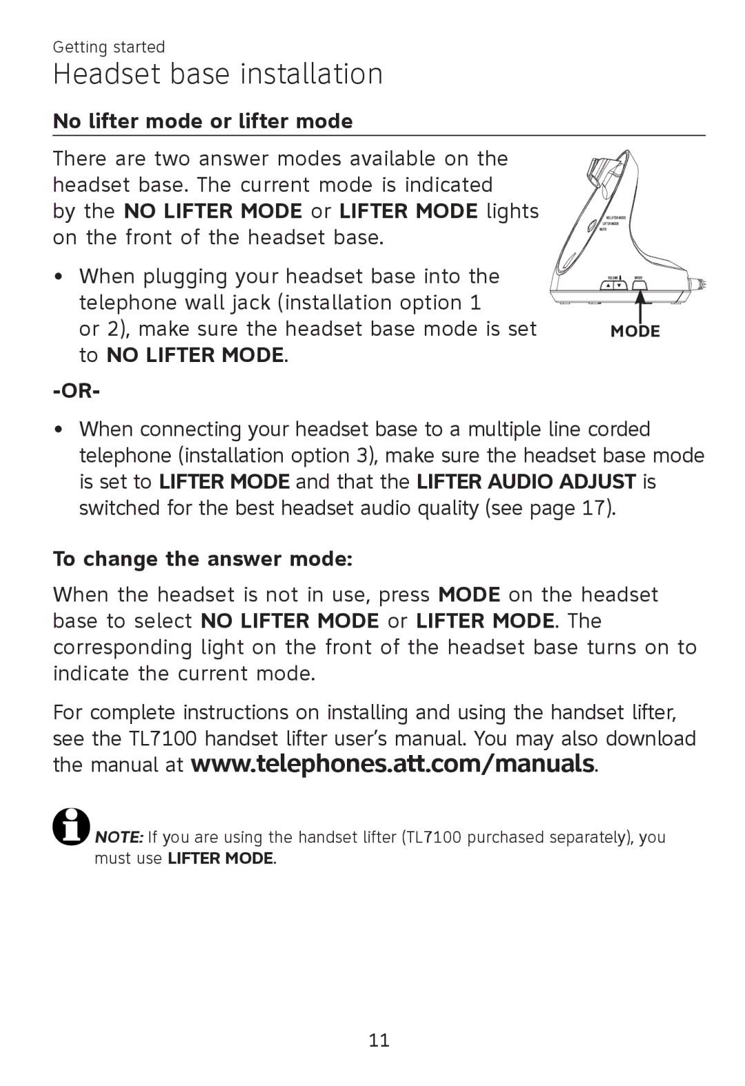 AT&T TL 7610 user manual No lifter mode or lifter mode, To no Lifter Mode, To change the answer mode 