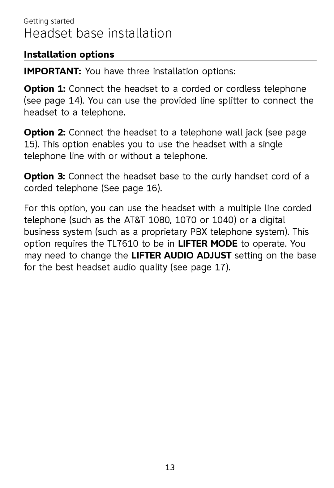 AT&T TL 7610 user manual Installation options 