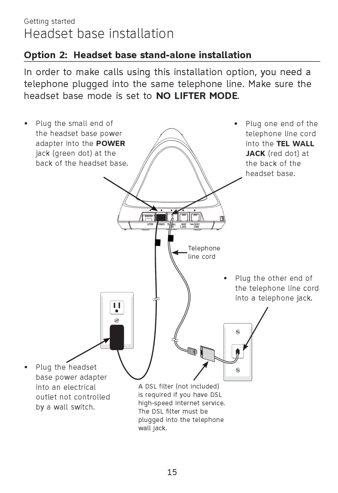 AT&T TL 7610 user manual Option 2 Headset base stand-alone installation 