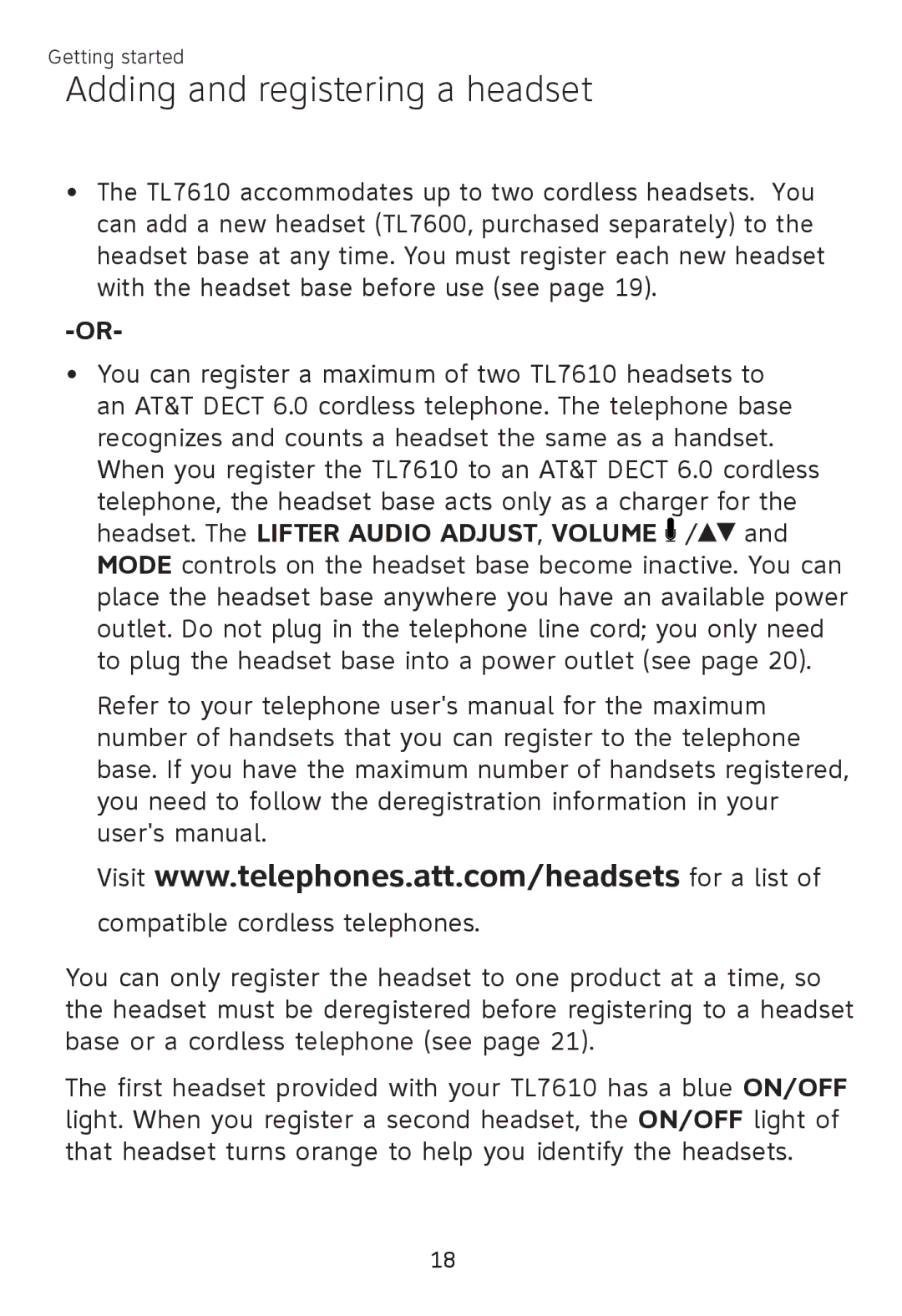 AT&T TL 7610 user manual Adding and registering a headset 