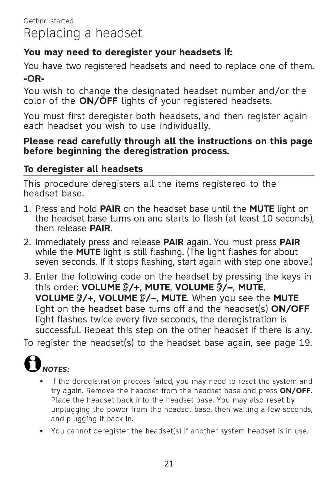 AT&T TL 7610 user manual Replacing a headset, You may need to deregister your headsets if 