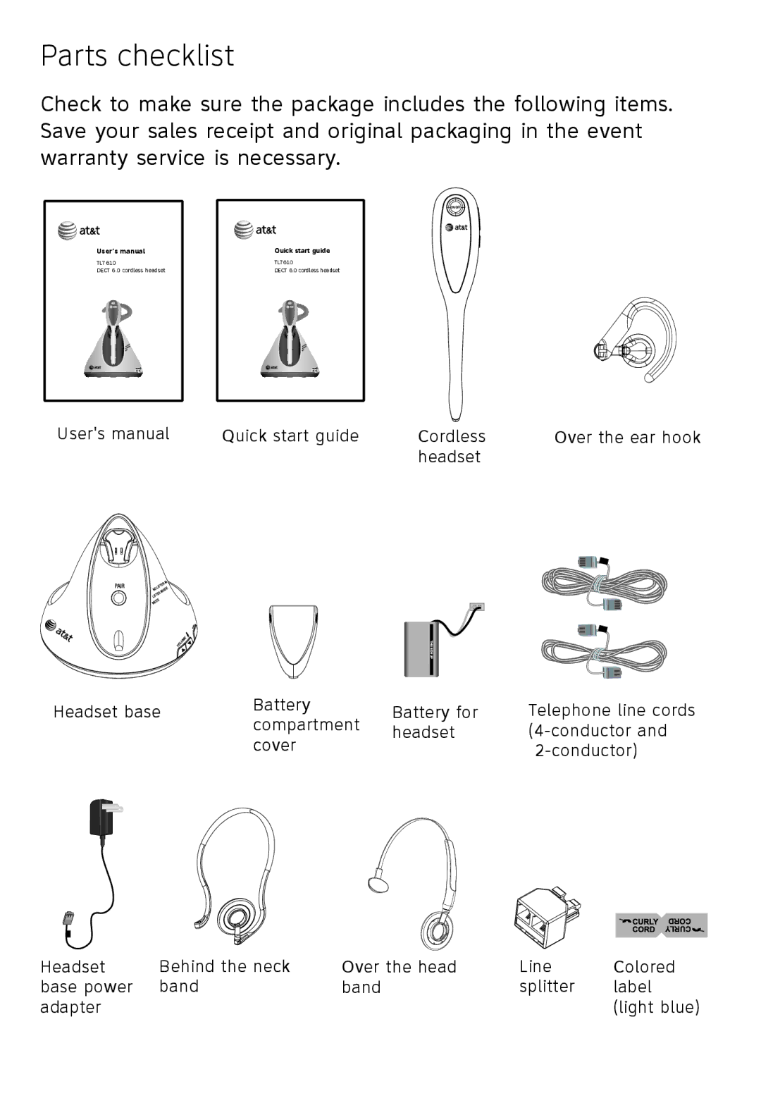 AT&T TL 7610 user manual Parts checklist 