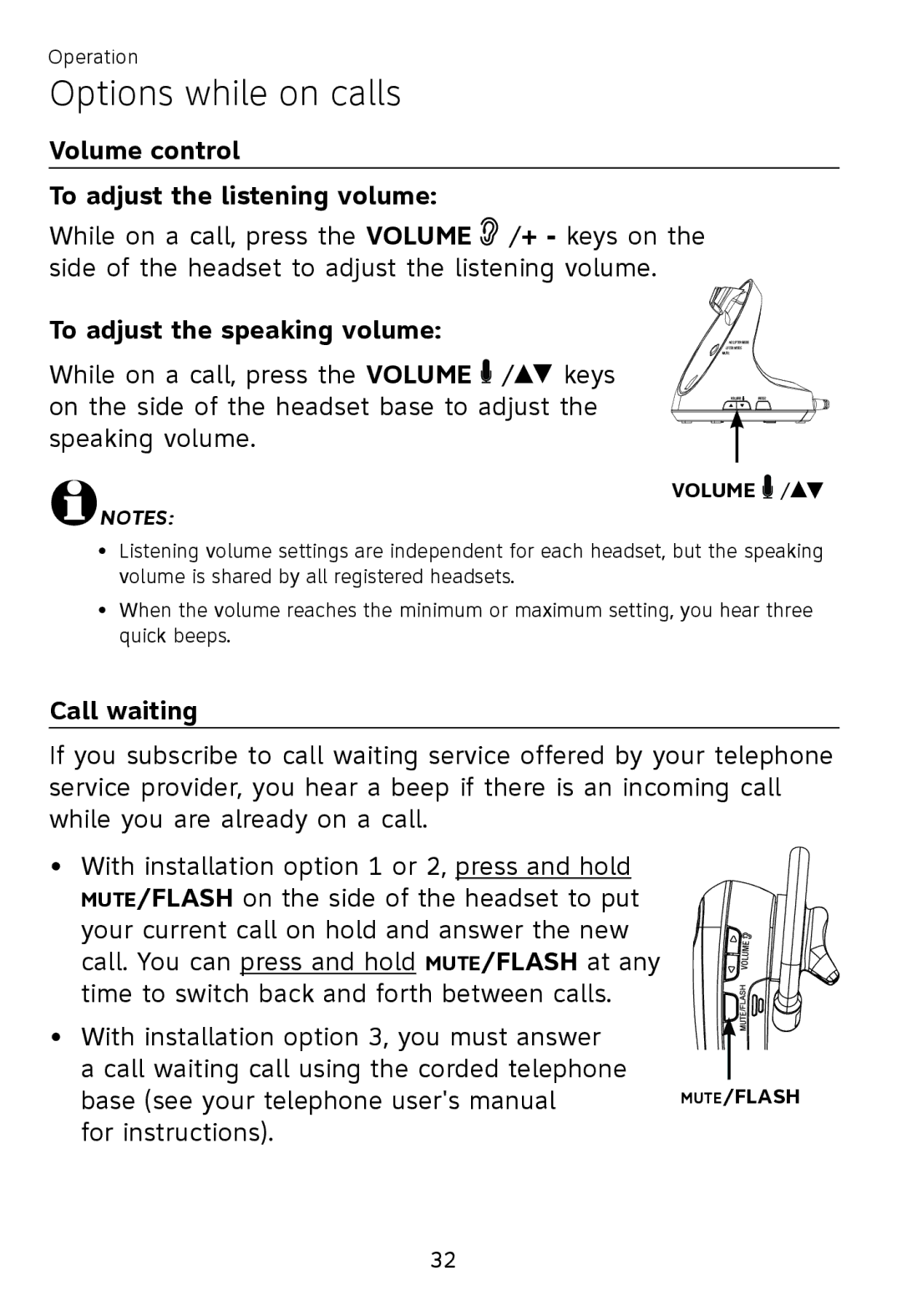 AT&T TL 7610 Options while on calls, Volume control To adjust the listening volume, To adjust the speaking volume 