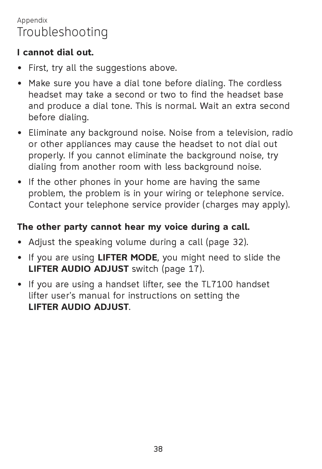 AT&T TL 7610 user manual Cannot dial out, Other party cannot hear my voice during a call 