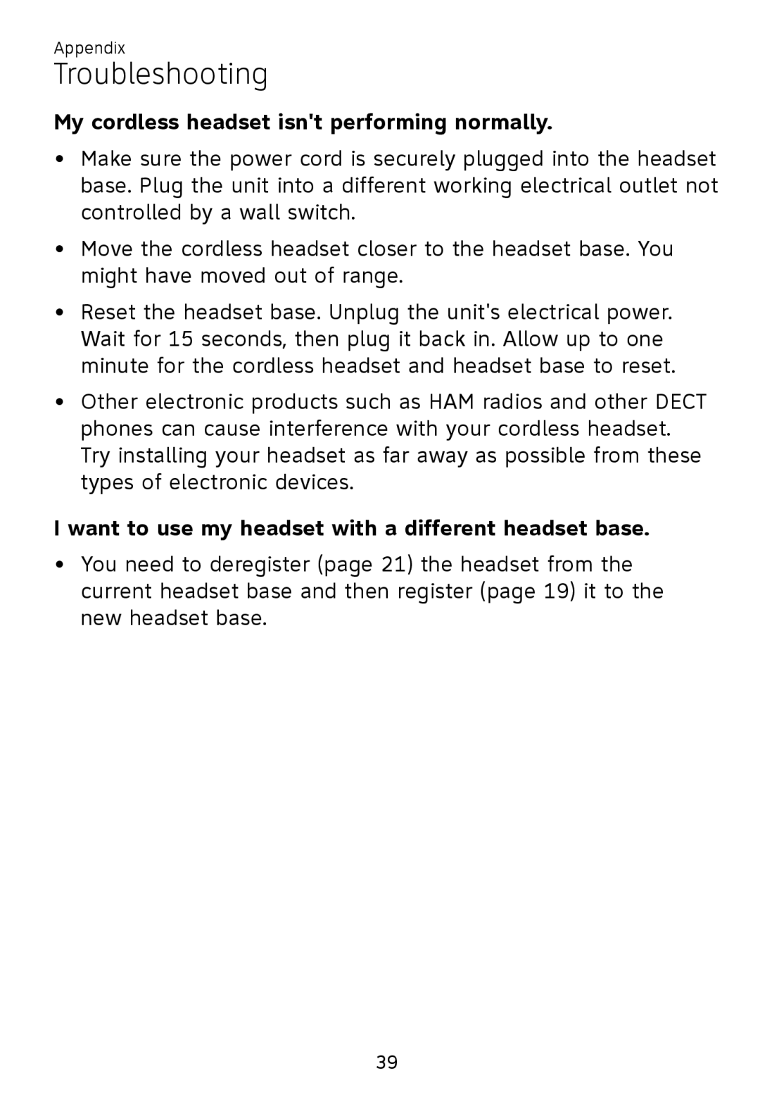 AT&T TL 7610 user manual My cordless headset isnt performing normally, Want to use my headset with a different headset base 