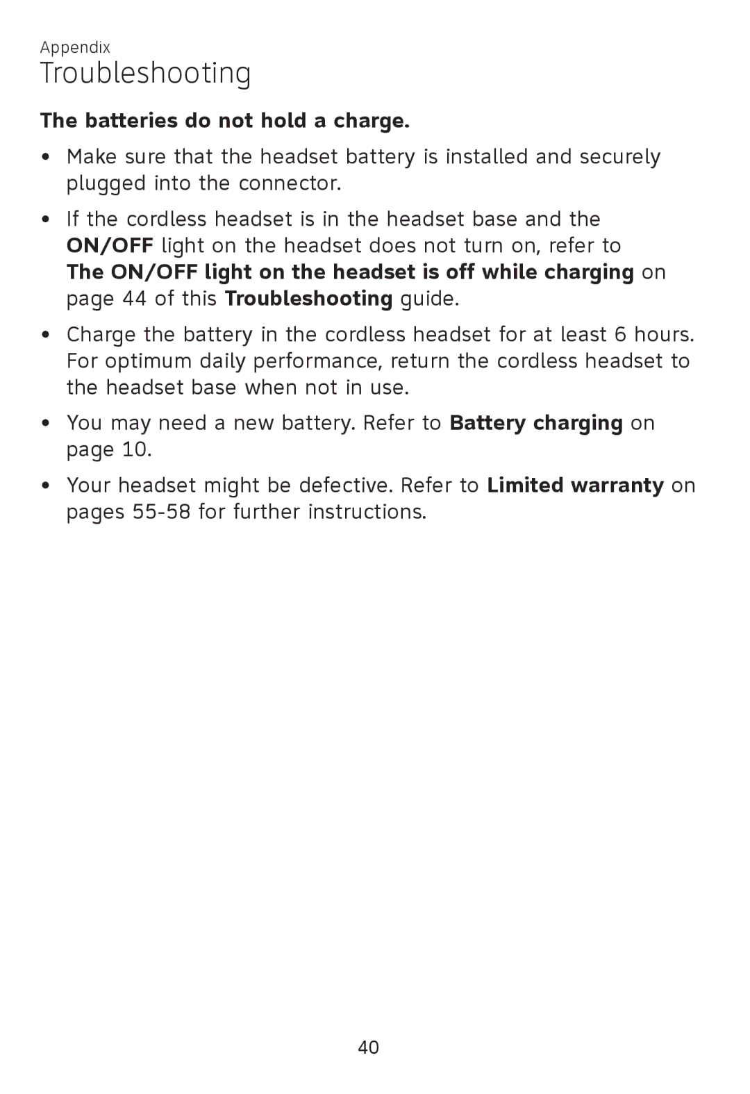 AT&T TL 7610 user manual Batteries do not hold a charge 