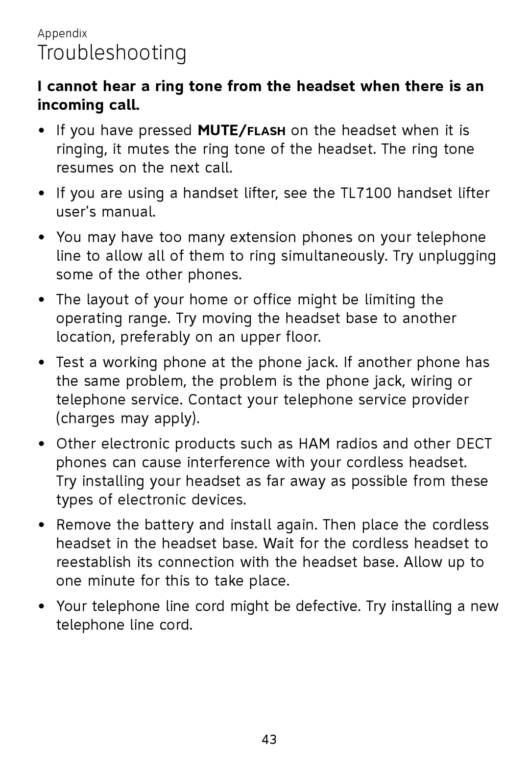 AT&T TL 7610 user manual Troubleshooting 