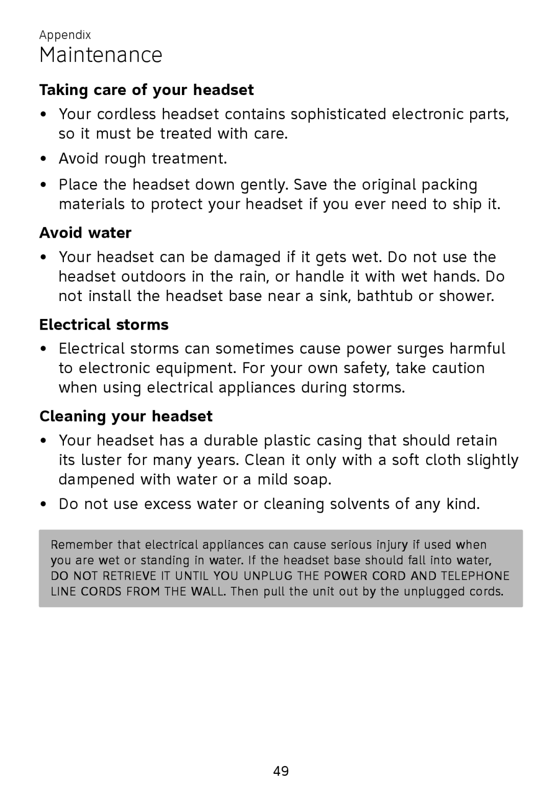 AT&T TL 7610 user manual Maintenance, Taking care of your headset, Avoid water, Electrical storms, Cleaning your headset 