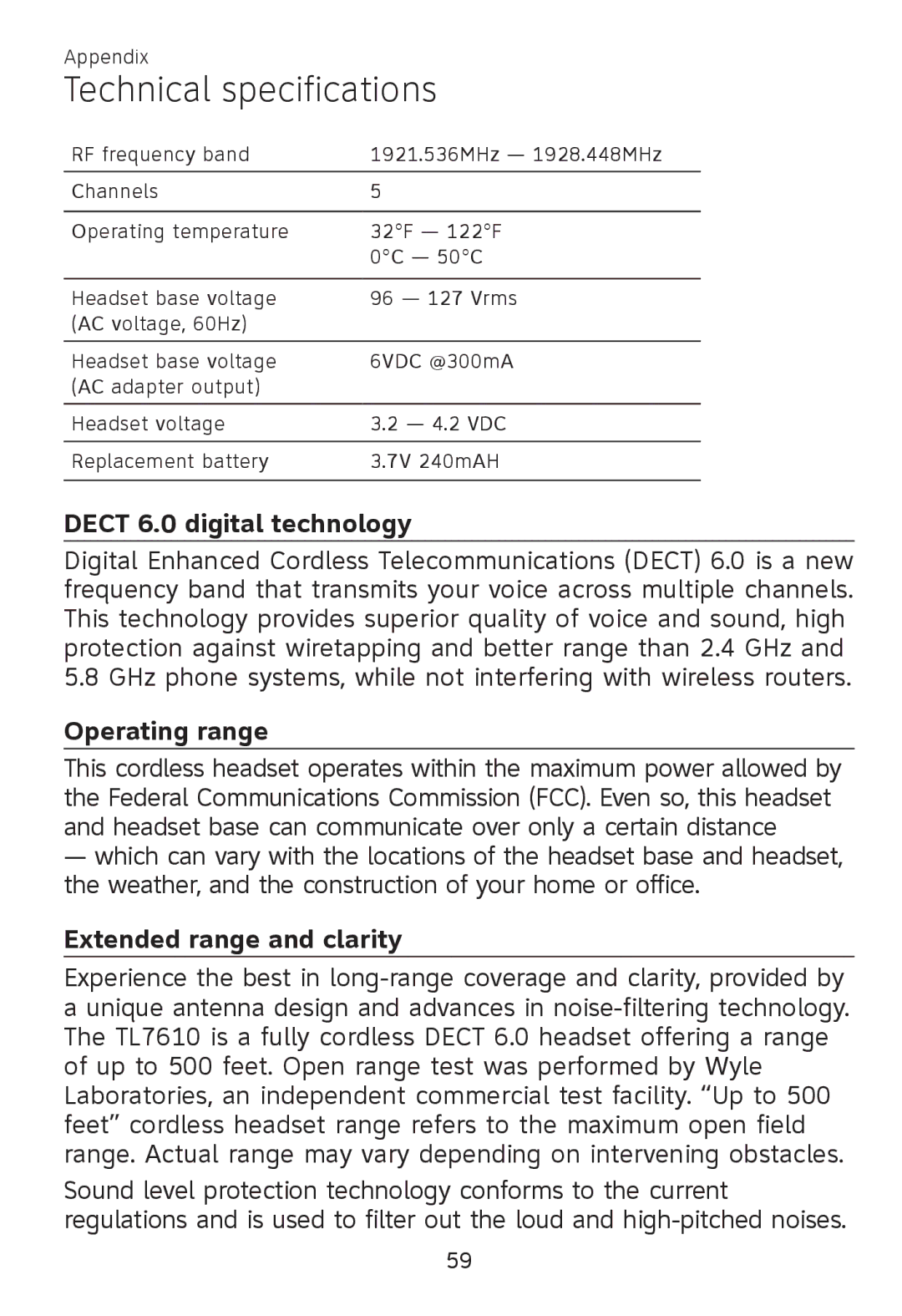 AT&T TL 7610 user manual Technical specifications, Dect 6.0 digital technology, Operating range, Extended range and clarity 