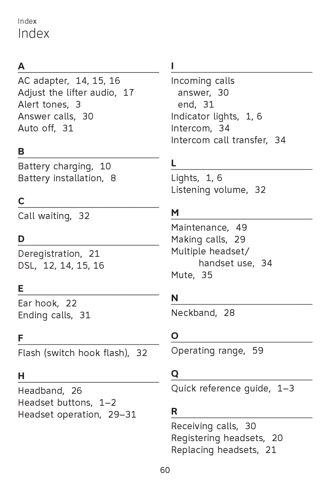 AT&T TL 7610 user manual Index 