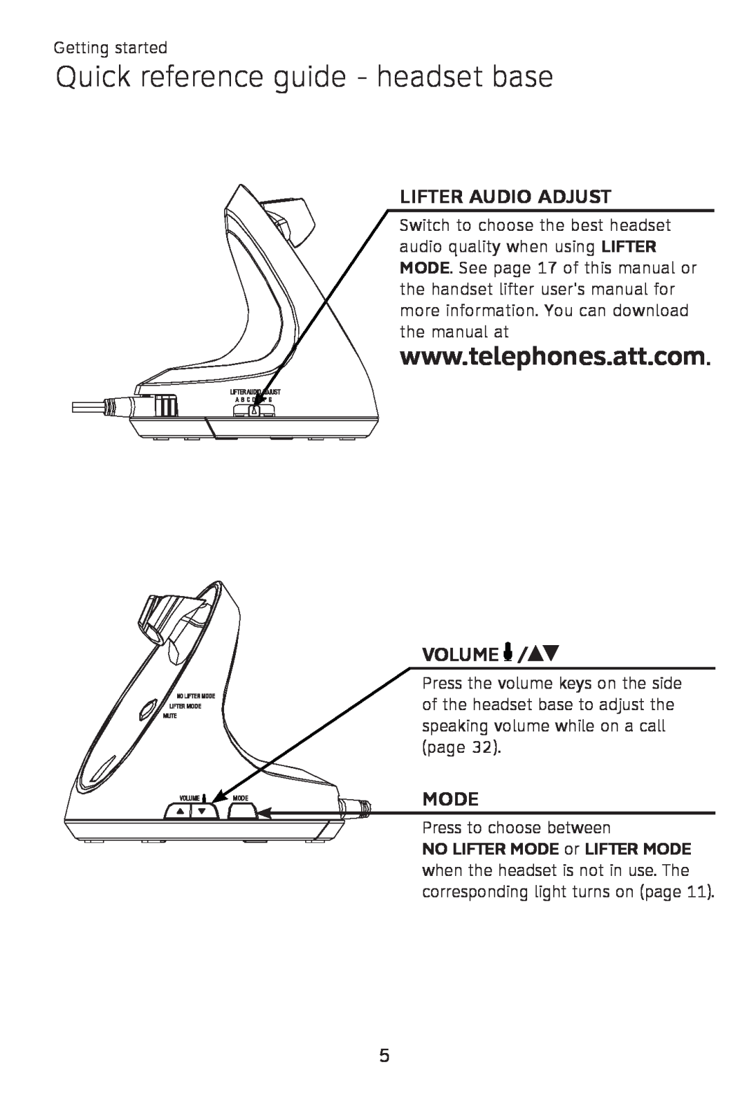 AT&T TL 7610 user manual Quick reference guide - headset base, Lifter Audio Adjust, Volume, Mode 
