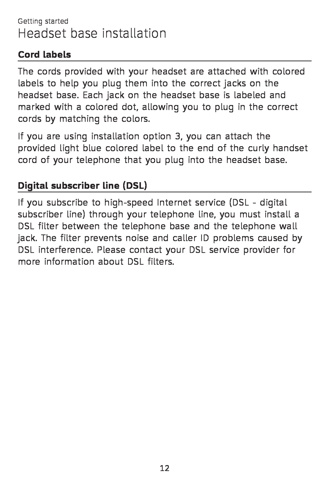 AT&T TL 7610 user manual Cord labels, Digital subscriber line DSL, Headset base installation 