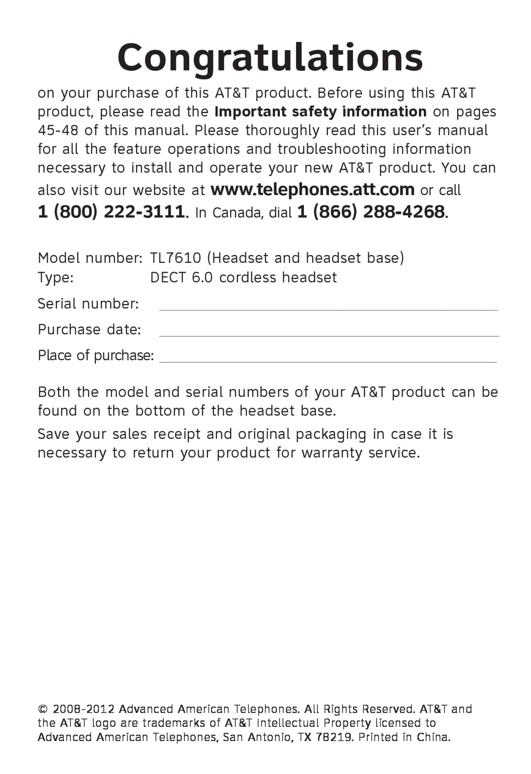 AT&T TL 7610 user manual Congratulations 
