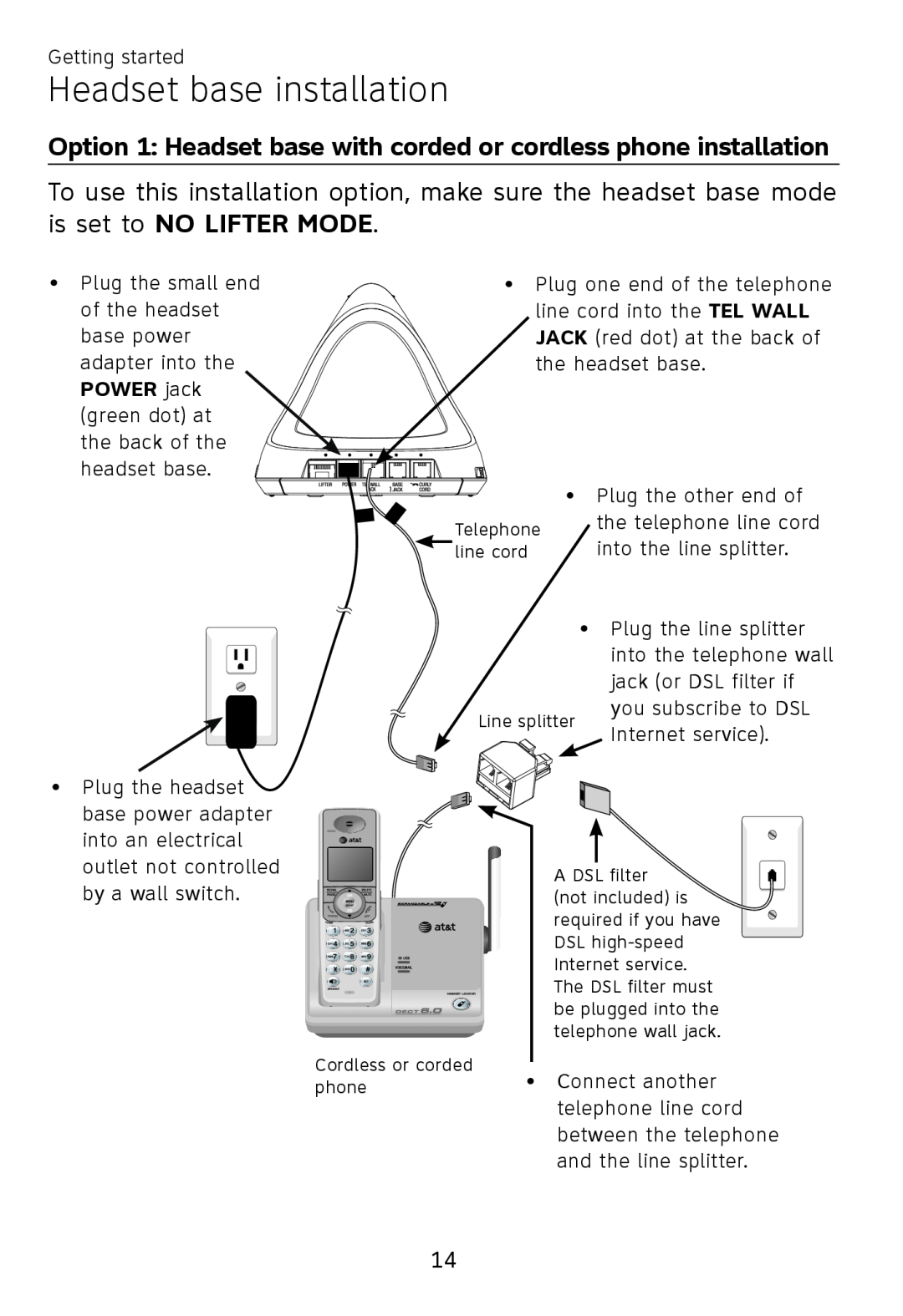 AT&T TL 7610 Option 1 Headset base with corded or cordless phone installation, Headset base installation, POWER jack 