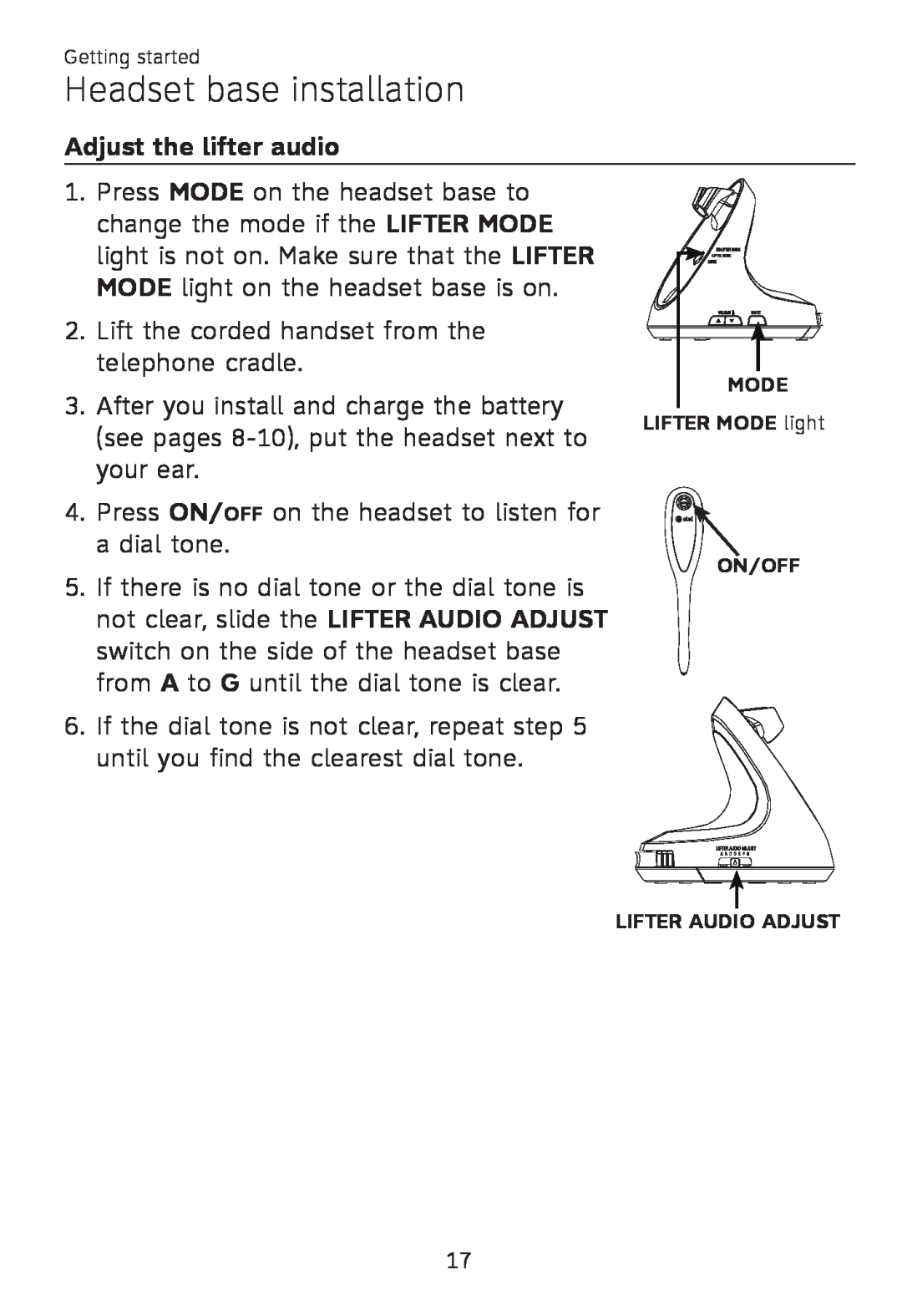 AT&T TL 7610 user manual Adjust the lifter audio, Headset base installation 