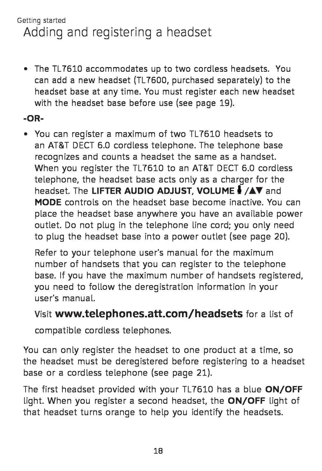 AT&T TL 7610 user manual Adding and registering a headset 