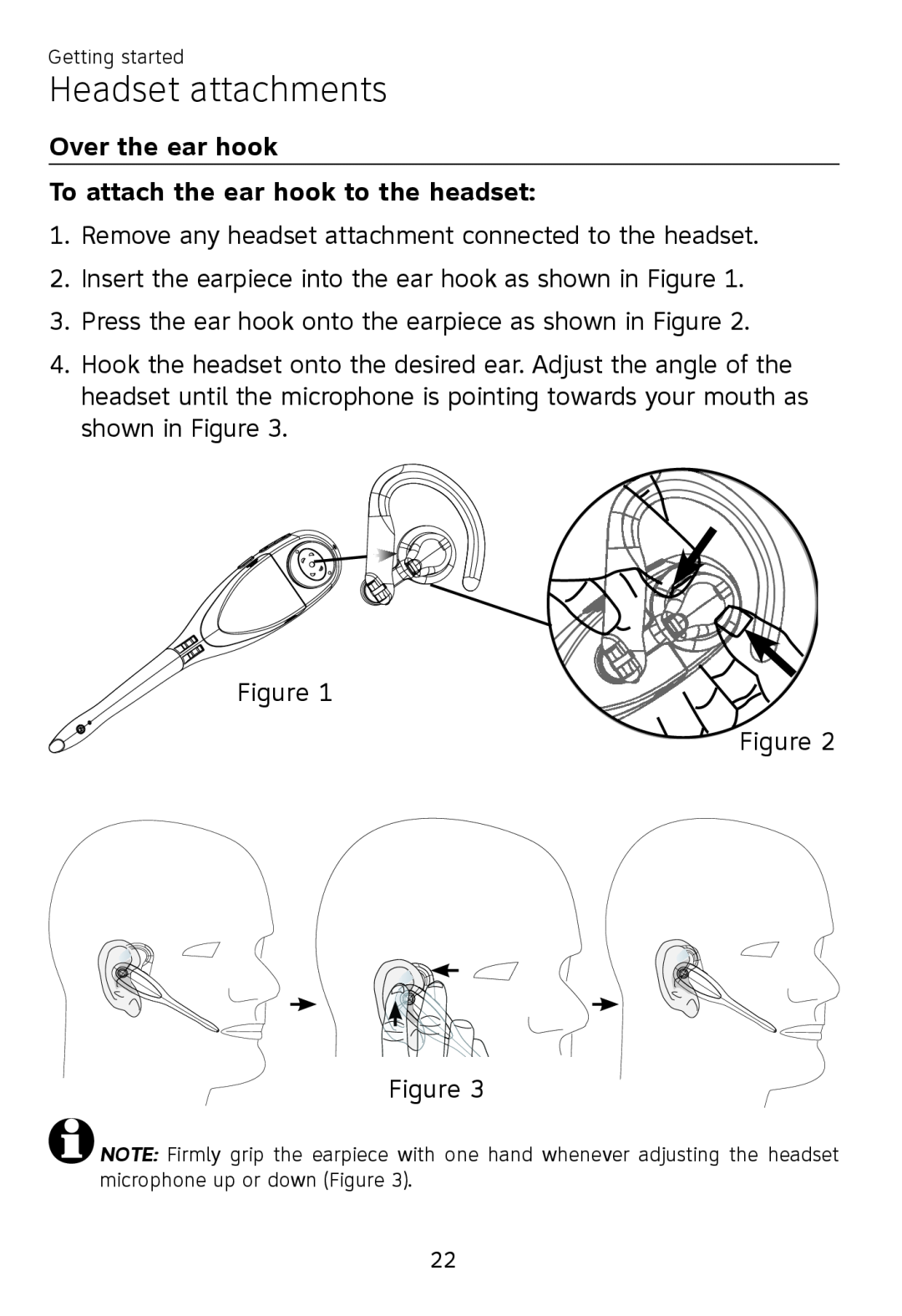 AT&T TL 7610 user manual Headset attachments, Over the ear hook To attach the ear hook to the headset 