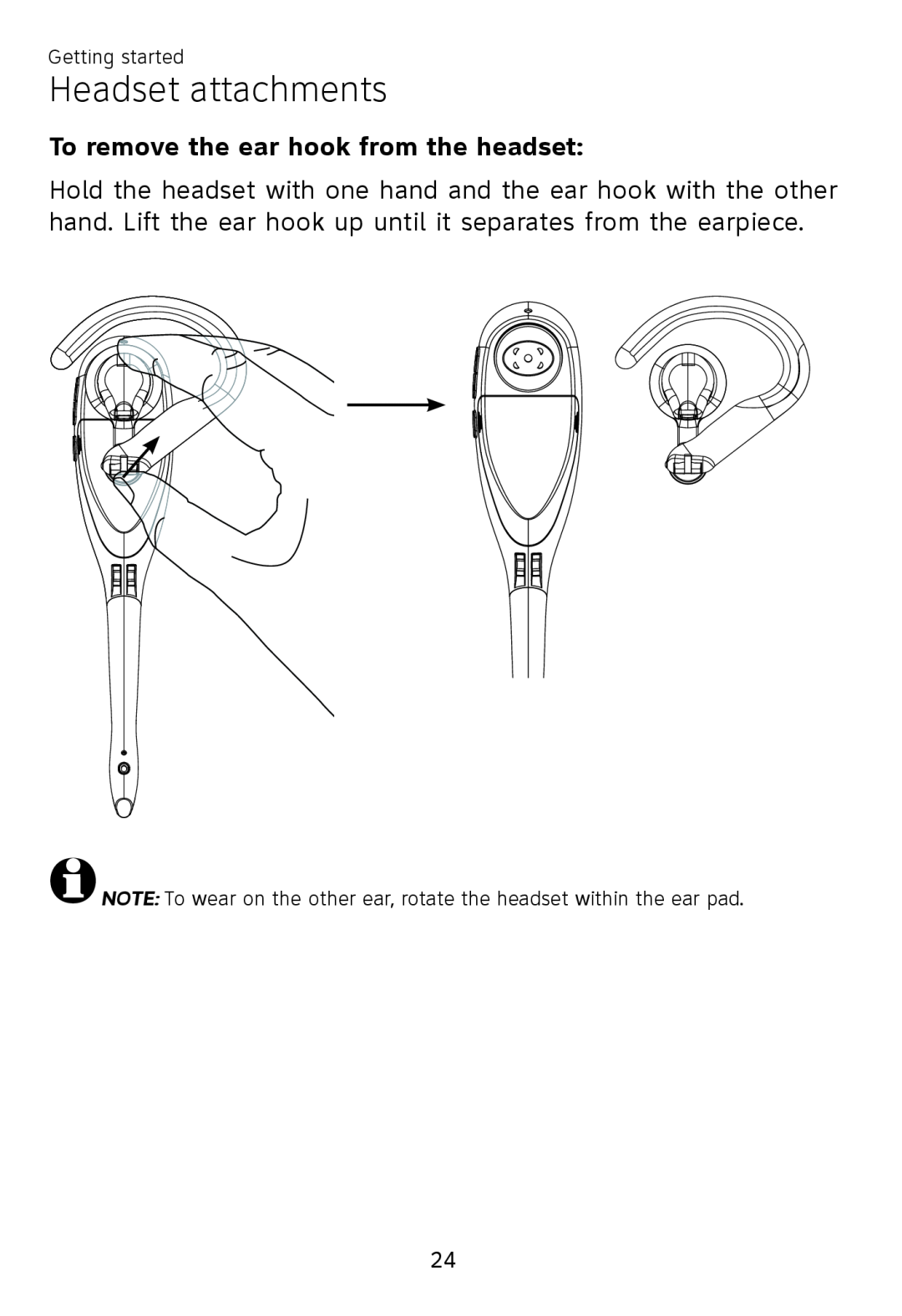 AT&T TL 7610 user manual To remove the ear hook from the headset, Headset attachments, Getting started 