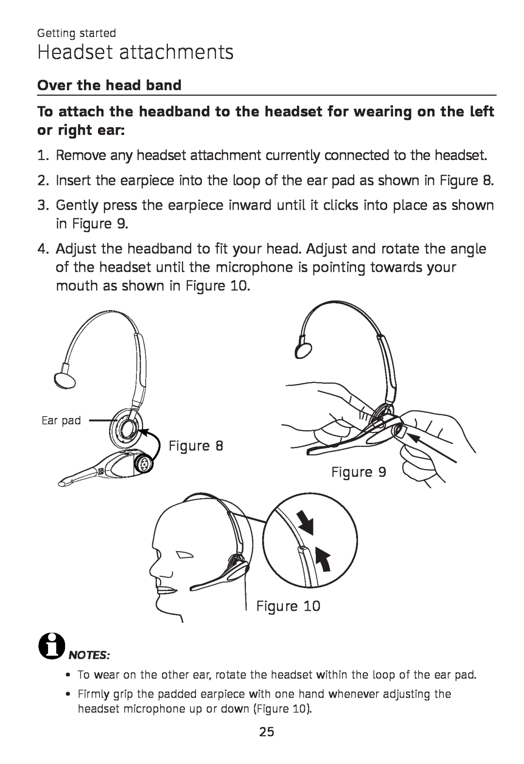 AT&T TL 7610 user manual Over the head band, Headset attachments 