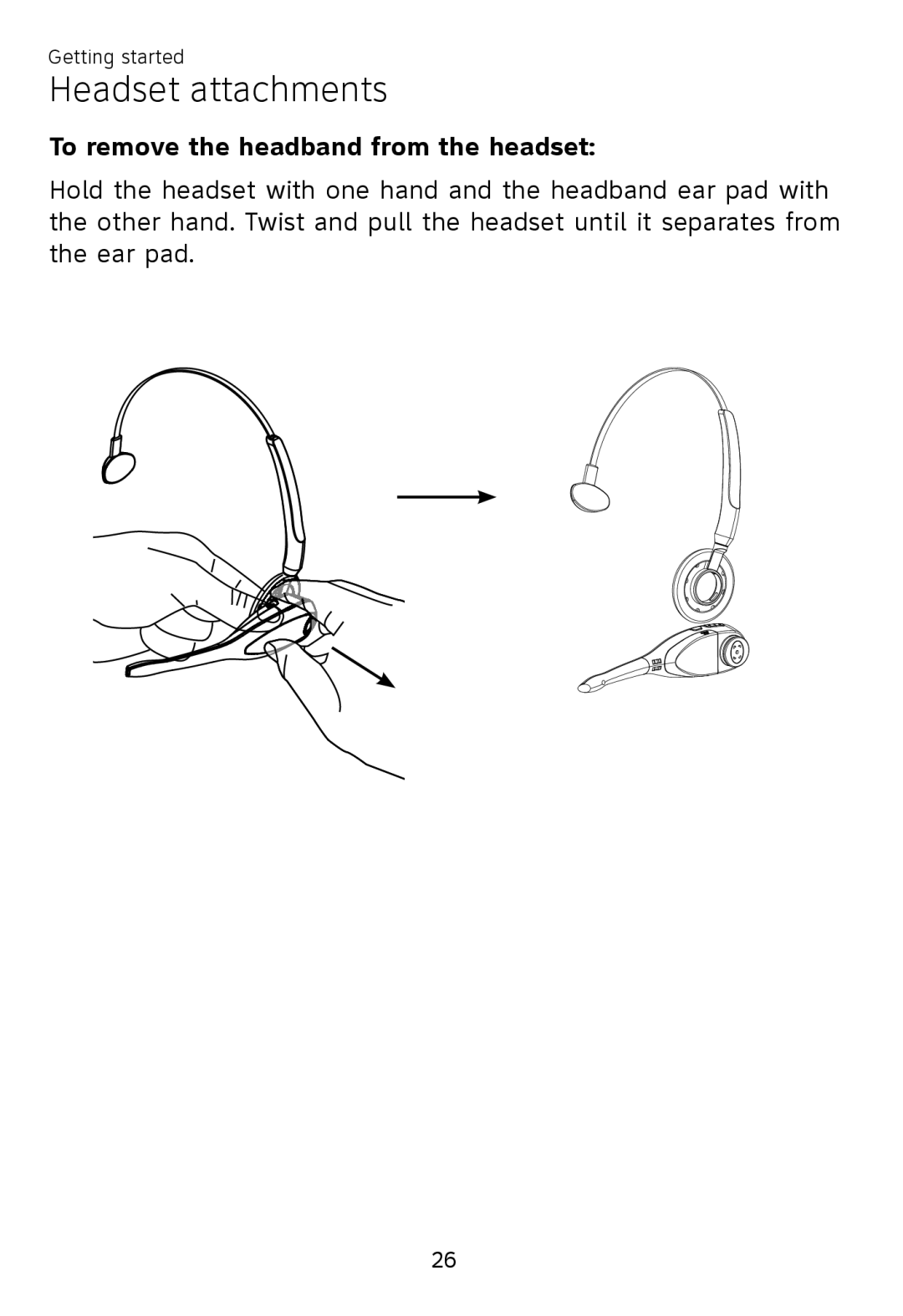 AT&T TL 7610 user manual To remove the headband from the headset, Headset attachments, Getting started 