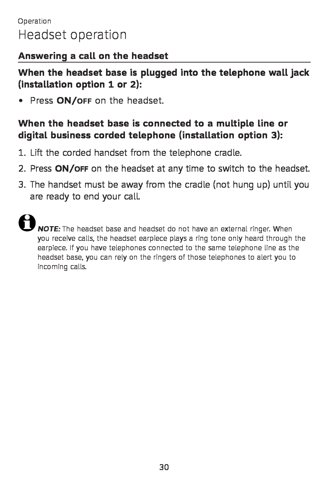 AT&T TL 7610 user manual Answering a call on the headset, Headset operation 