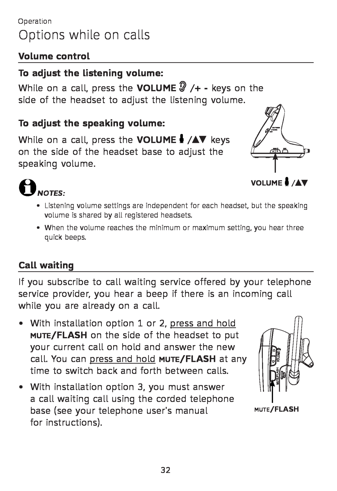 AT&T TL 7610 Options while on calls, Volume control To adjust the listening volume, To adjust the speaking volume 