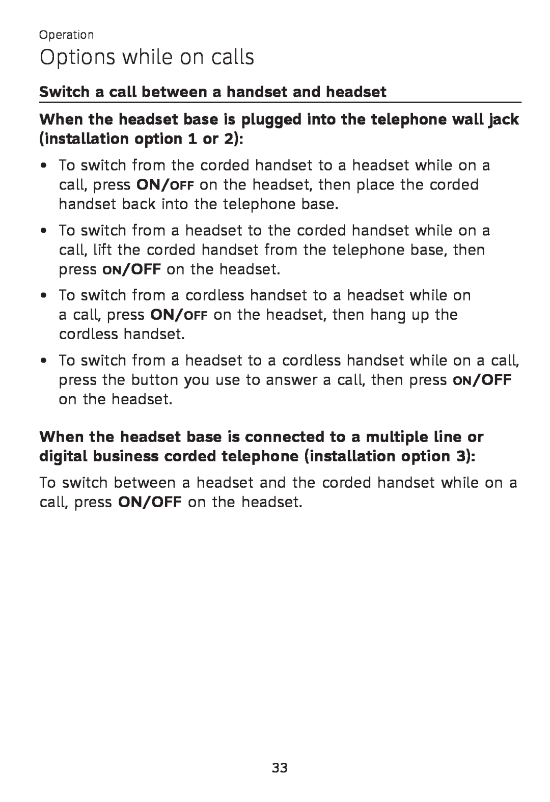 AT&T TL 7610 user manual Switch a call between a handset and headset, Options while on calls 