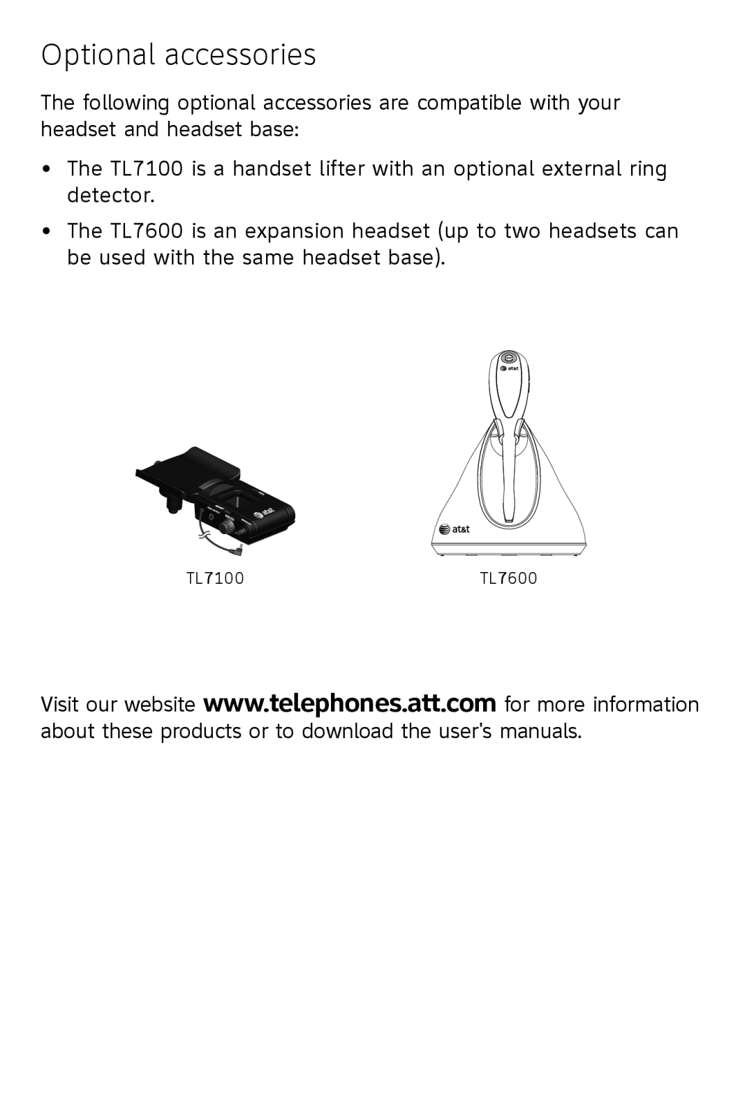 AT&T TL 7610 user manual Optional accessories, TL7100, TL7600 