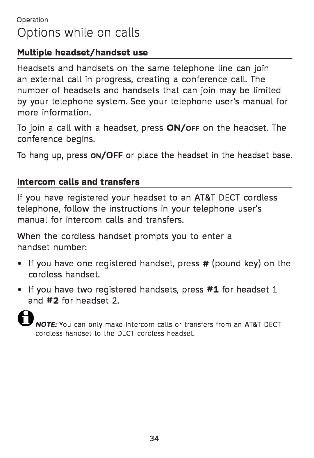 AT&T TL 7610 user manual Multiple headset/handset use, Intercom calls and transfers, Options while on calls 