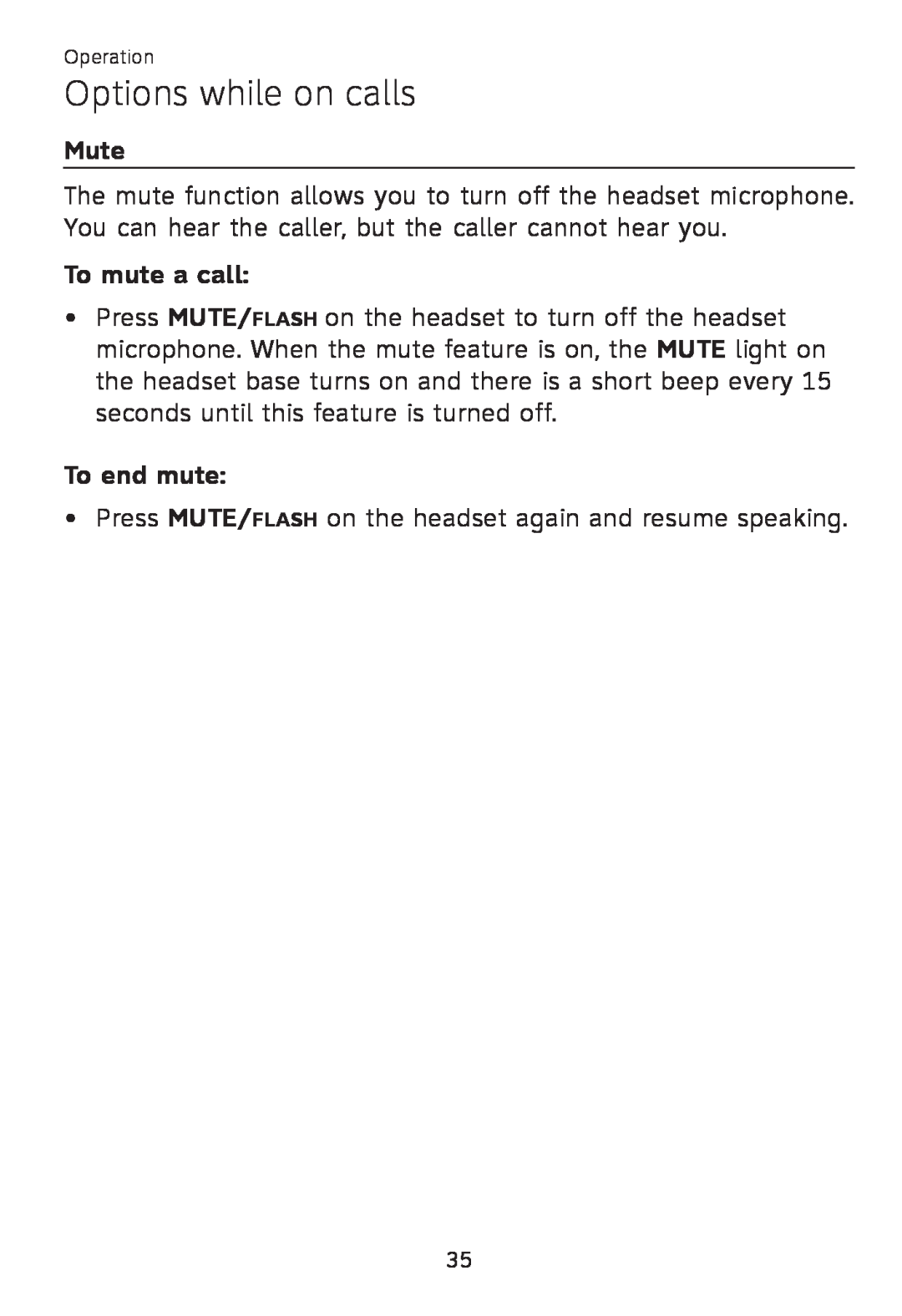 AT&T TL 7610 user manual Mute, To mute a call, To end mute, Options while on calls 
